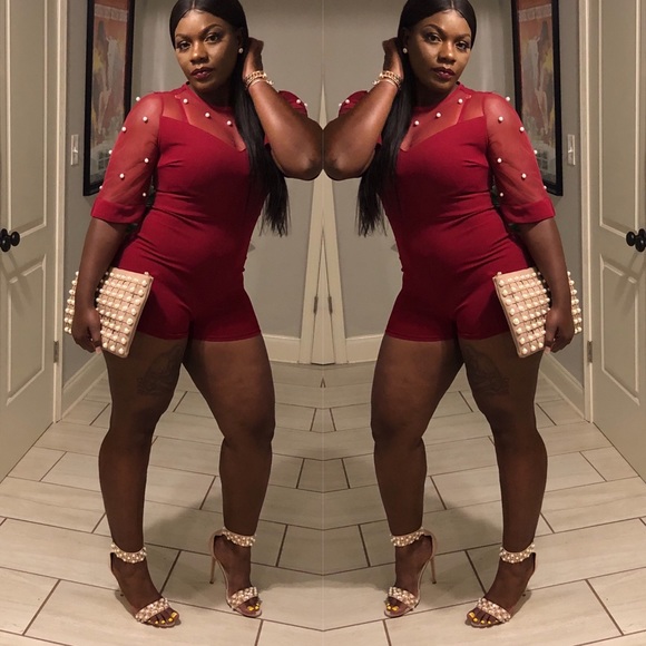 ✨✨JUST IN✨✨Burgundy Pearl Embellished Mesh Romper - Picture 1 of 3